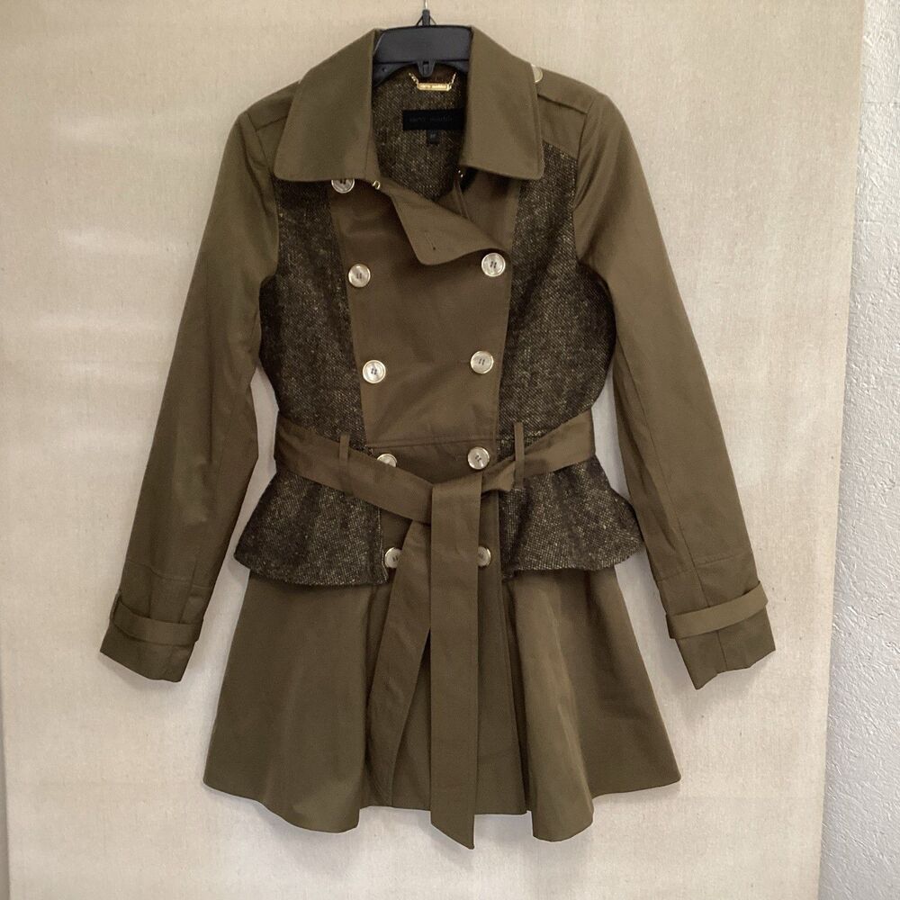 Steve Madden trench coat women’s SP green tweed panel peplum